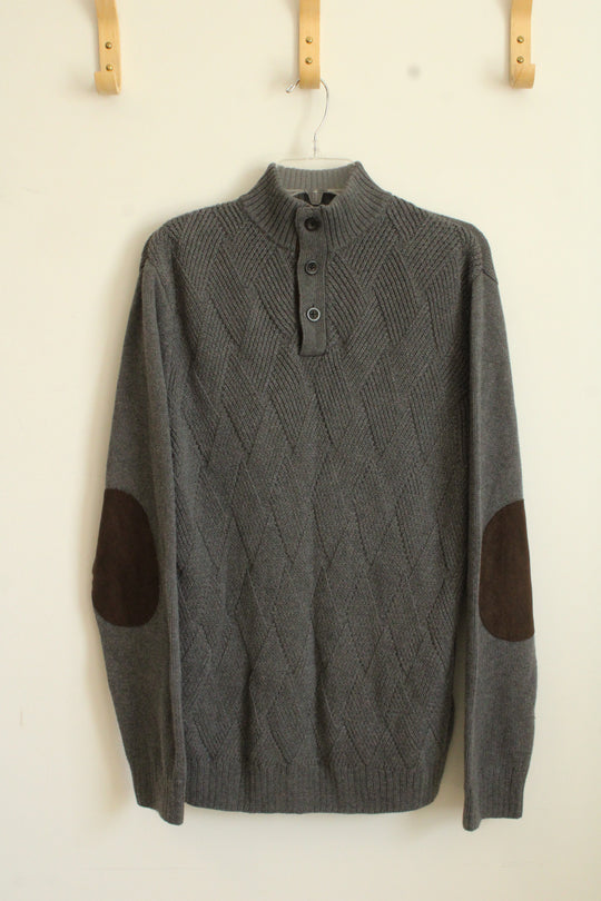 Chaps Gray Cotton Sweater with Brown Suede Elbow Patches | M