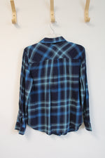 Faded Glory Blue Plaid Button Down Top | S