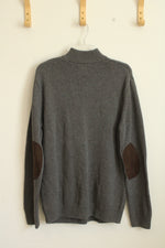 Chaps Gray Cotton Sweater with Brown Suede Elbow Patches | M
