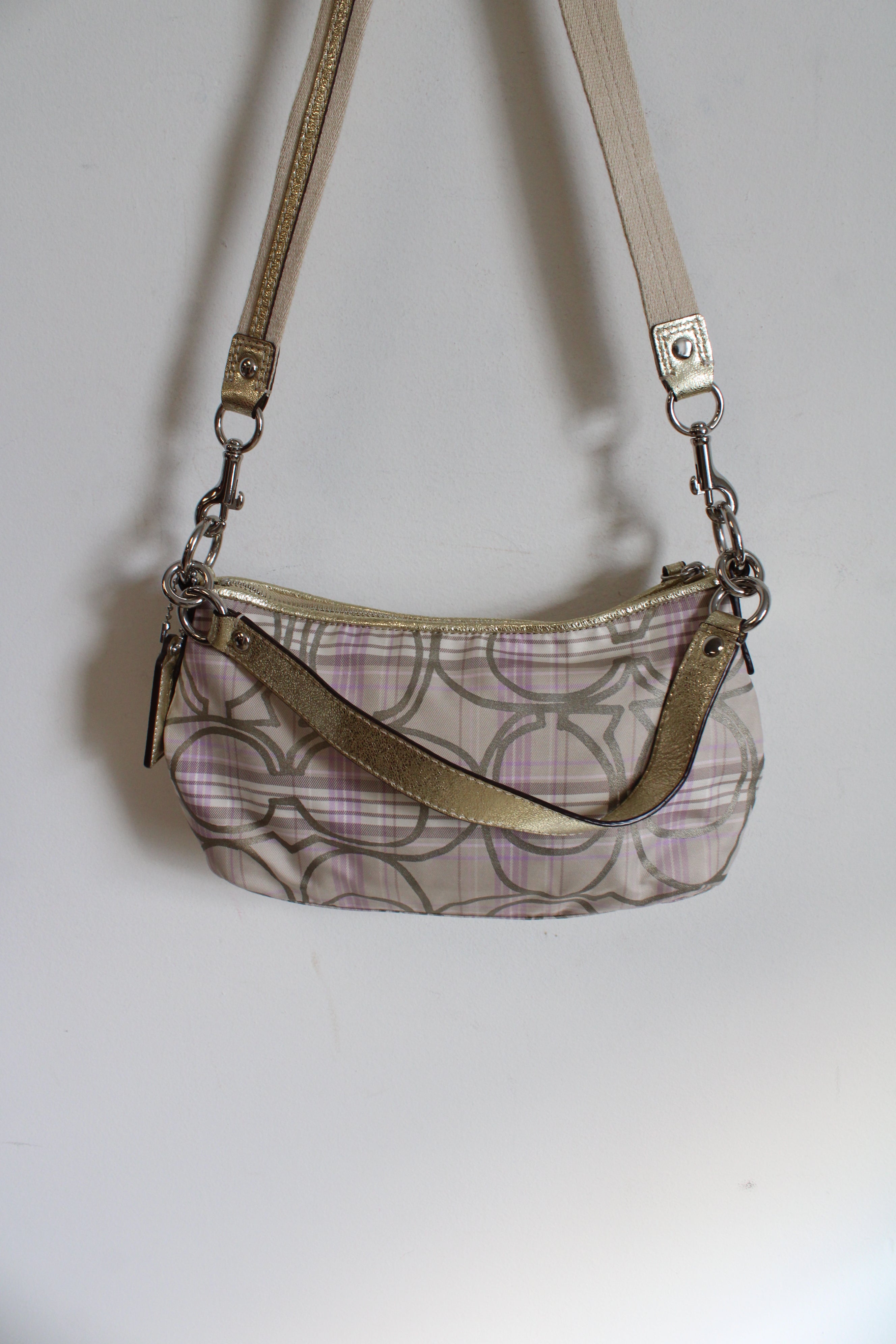 Coach Signature Spring Plaid Beige Lilac Gray Tartan Demi Crossbody Purse