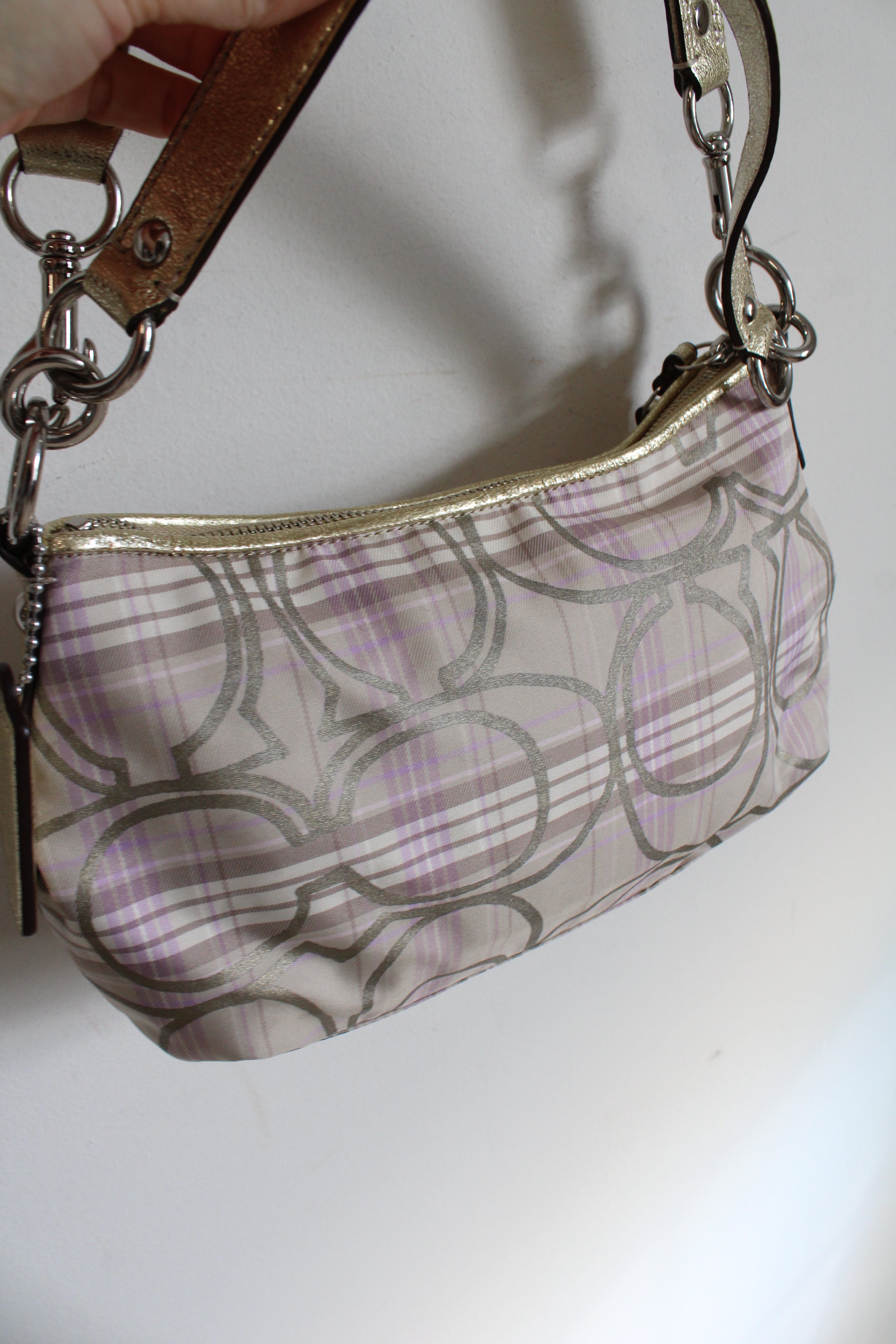 Coach Signature Spring Plaid Beige Lilac Gray Tartan Demi Crossbody Purse