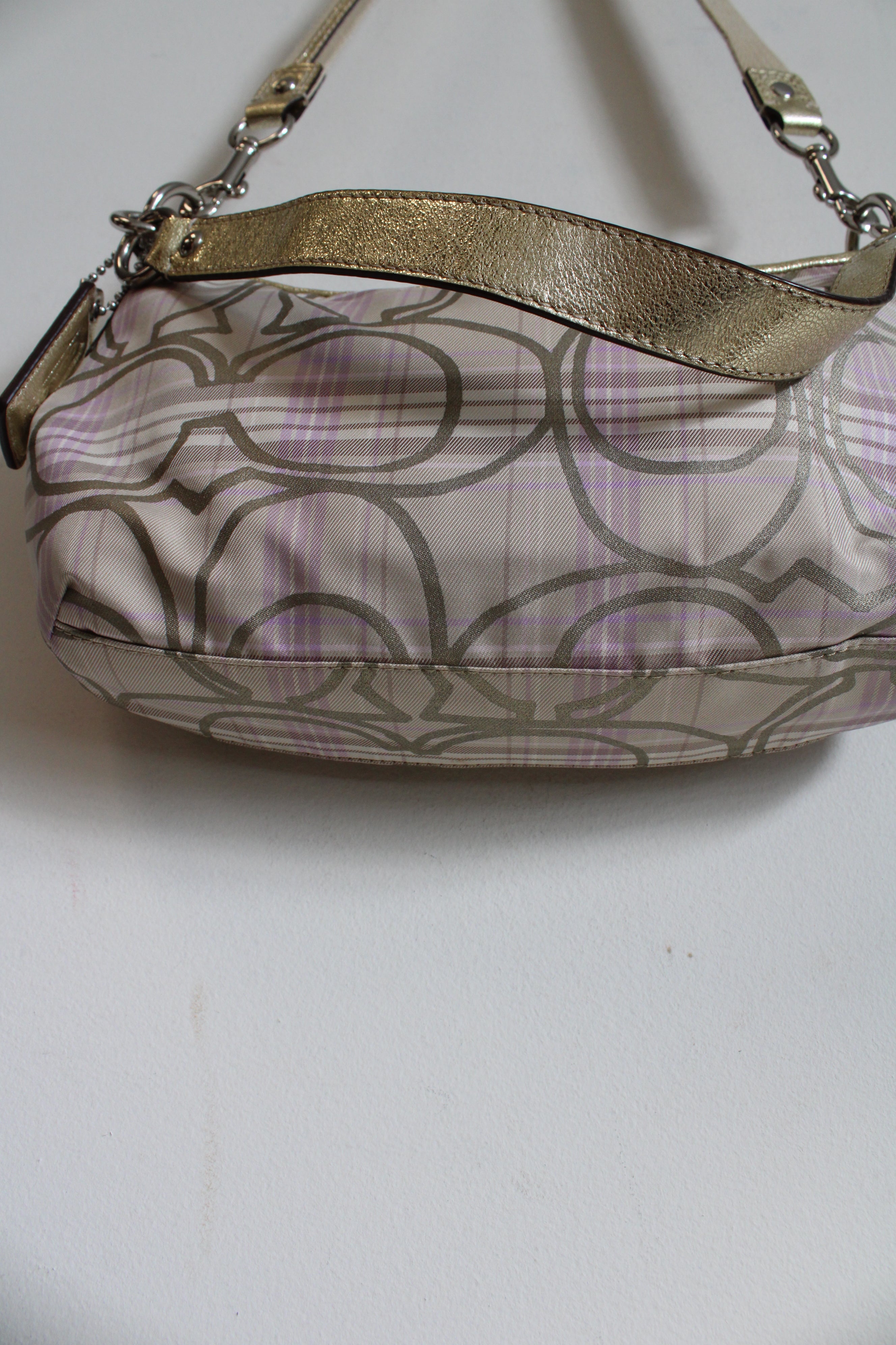 Coach Signature Spring Plaid Beige Lilac Gray Tartan Demi Crossbody Purse