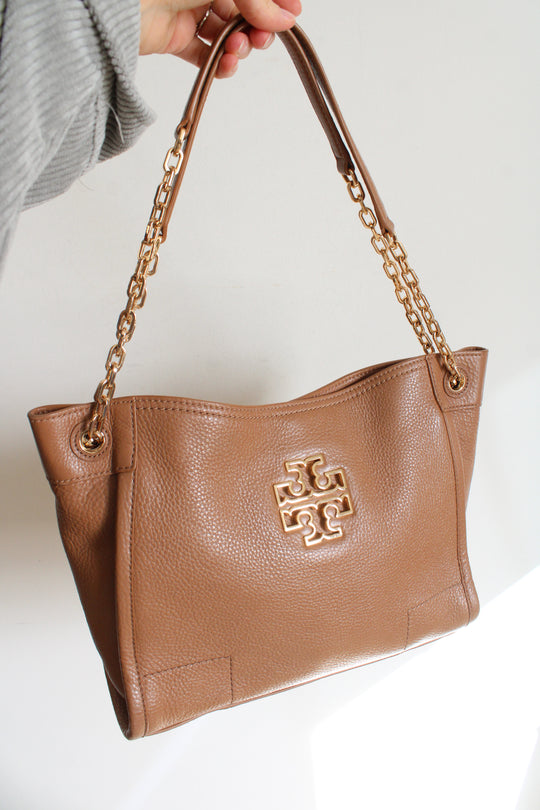 Tory Burch Britten Camel Brown Leather Slouchy Tote