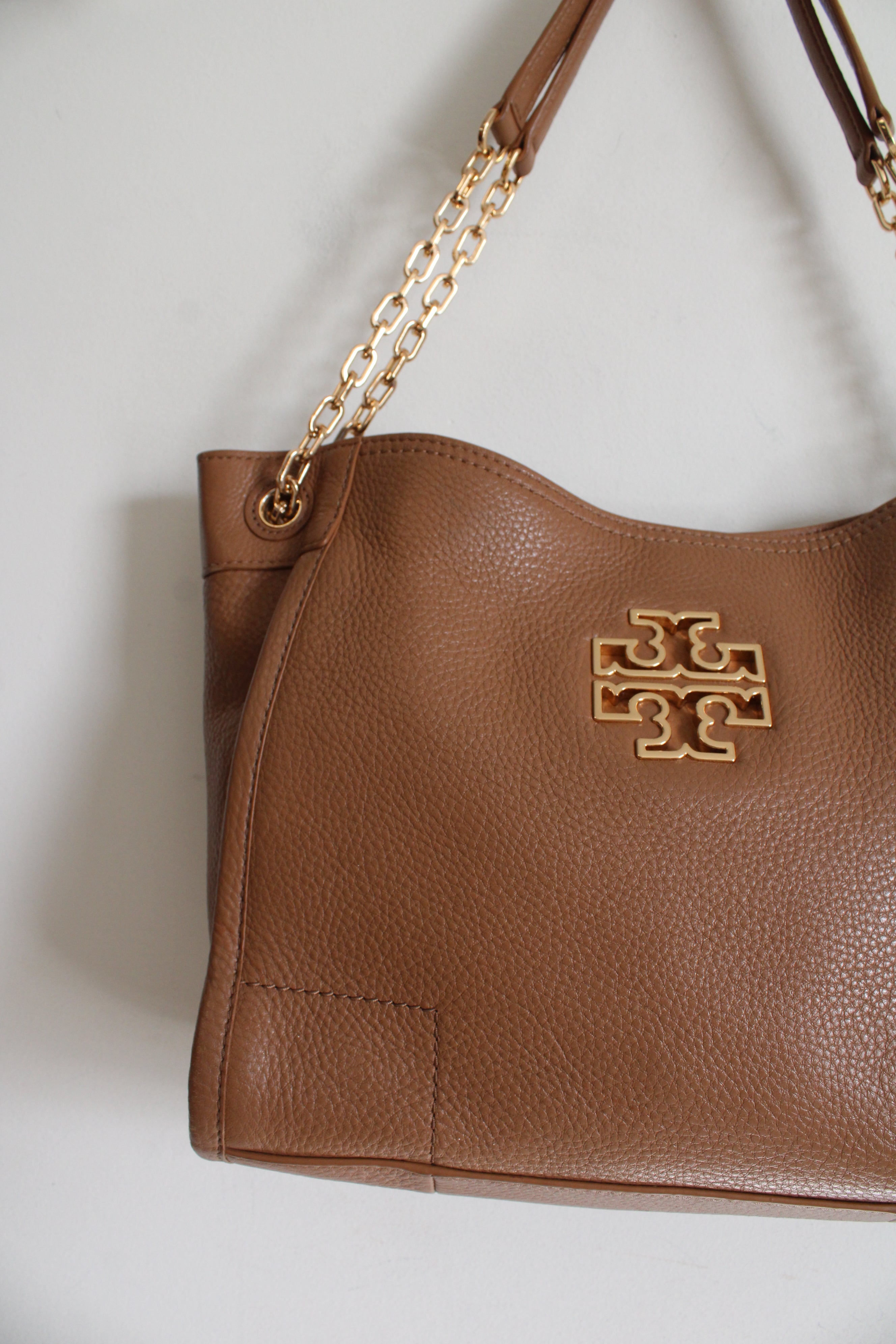 Tory Burch Britten Camel Brown Leather Slouchy Tote