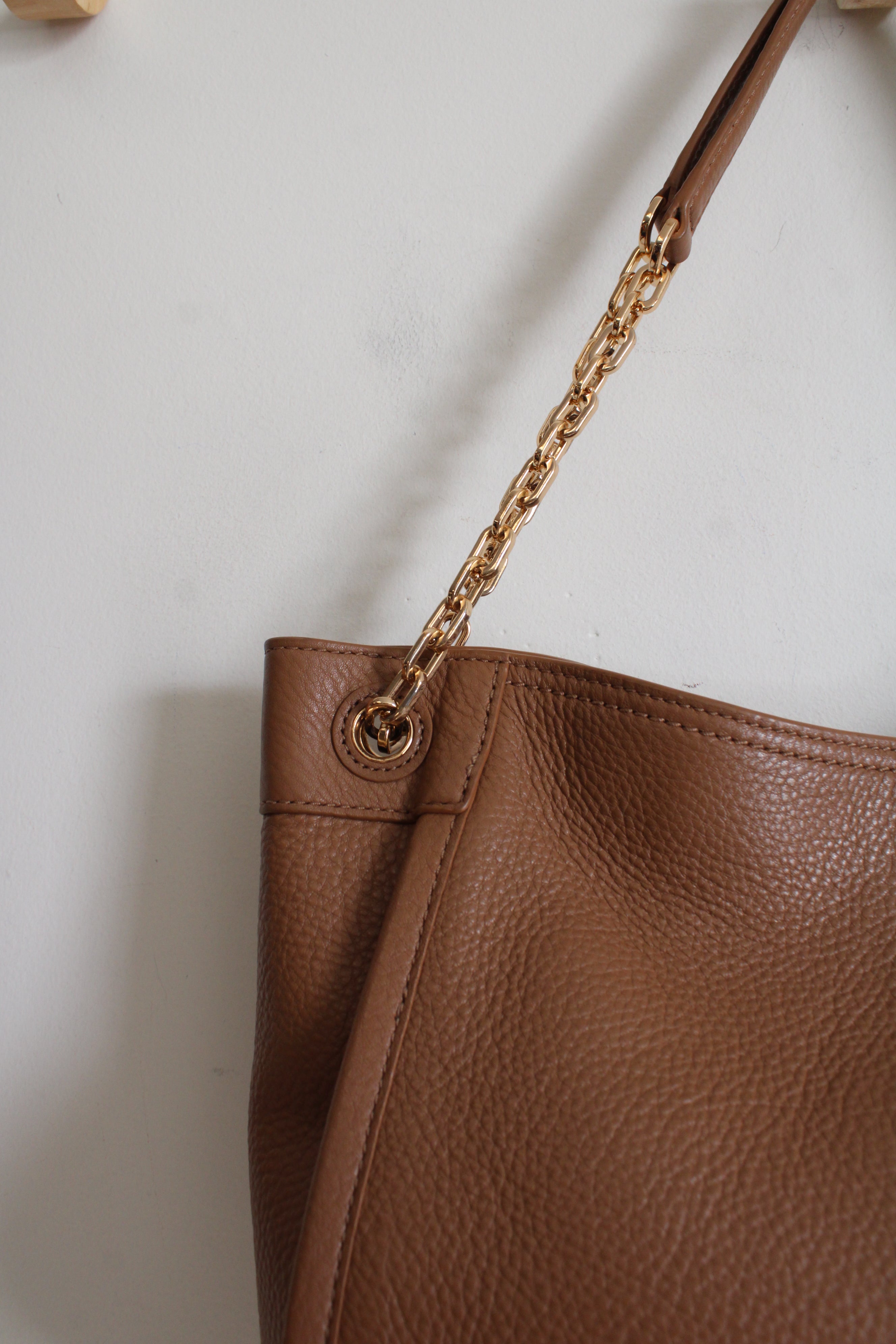 Tory Burch Britten Camel Brown Leather Slouchy Tote