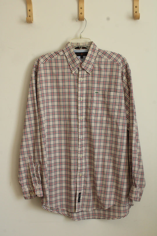 Tommy Hilfiger Red Blue and Tan Plaid Button Down Shirt | M