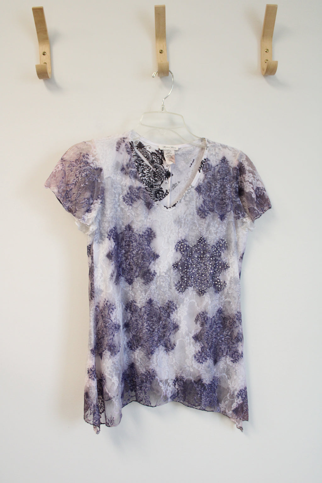 Brittany Black Purple Embellished Floral Lace Overlay Top | S Petite