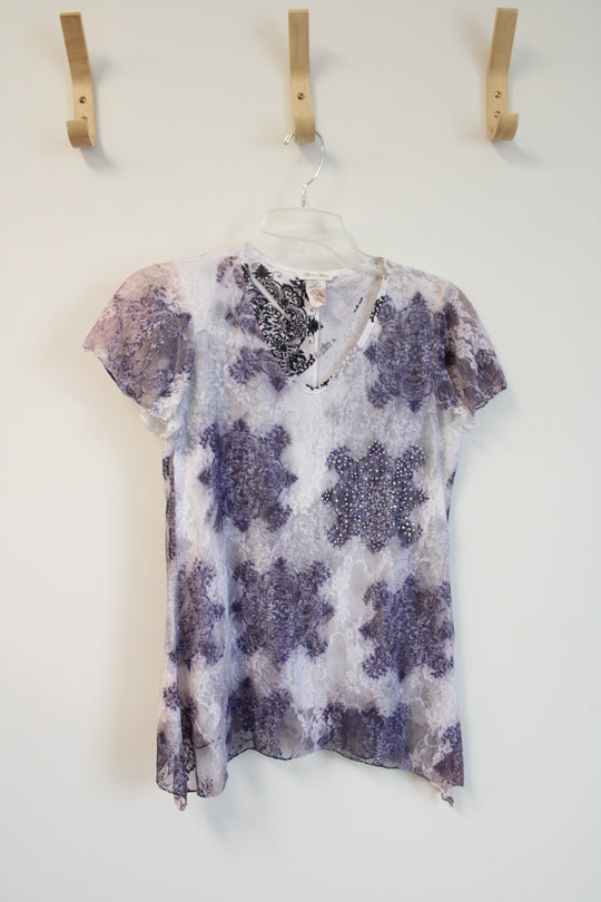 Brittany Black Purple Embellished Floral Lace Overlay Top | S Petite
