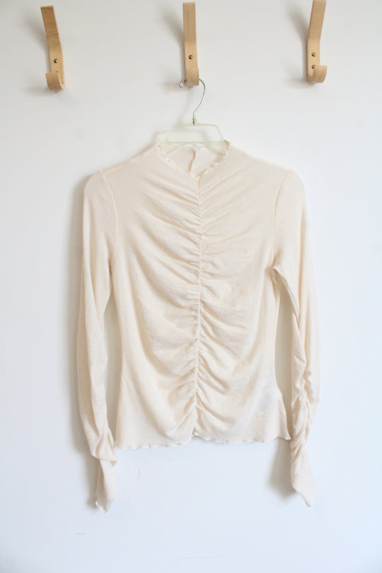 Los Angeles Atelier Cream Sheer Ruched Front Wool Long Sleeved Top | M