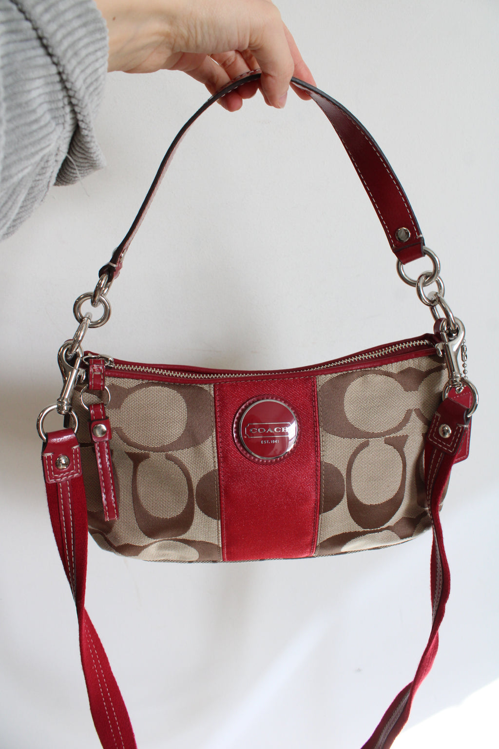 Coach Signature Stripe Demi Pouch Y2K Red Patent Leather Trim Purse