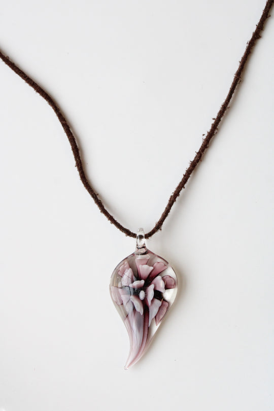 Hand-Blown Murano Glass Purple Flower Design Leather Necklace