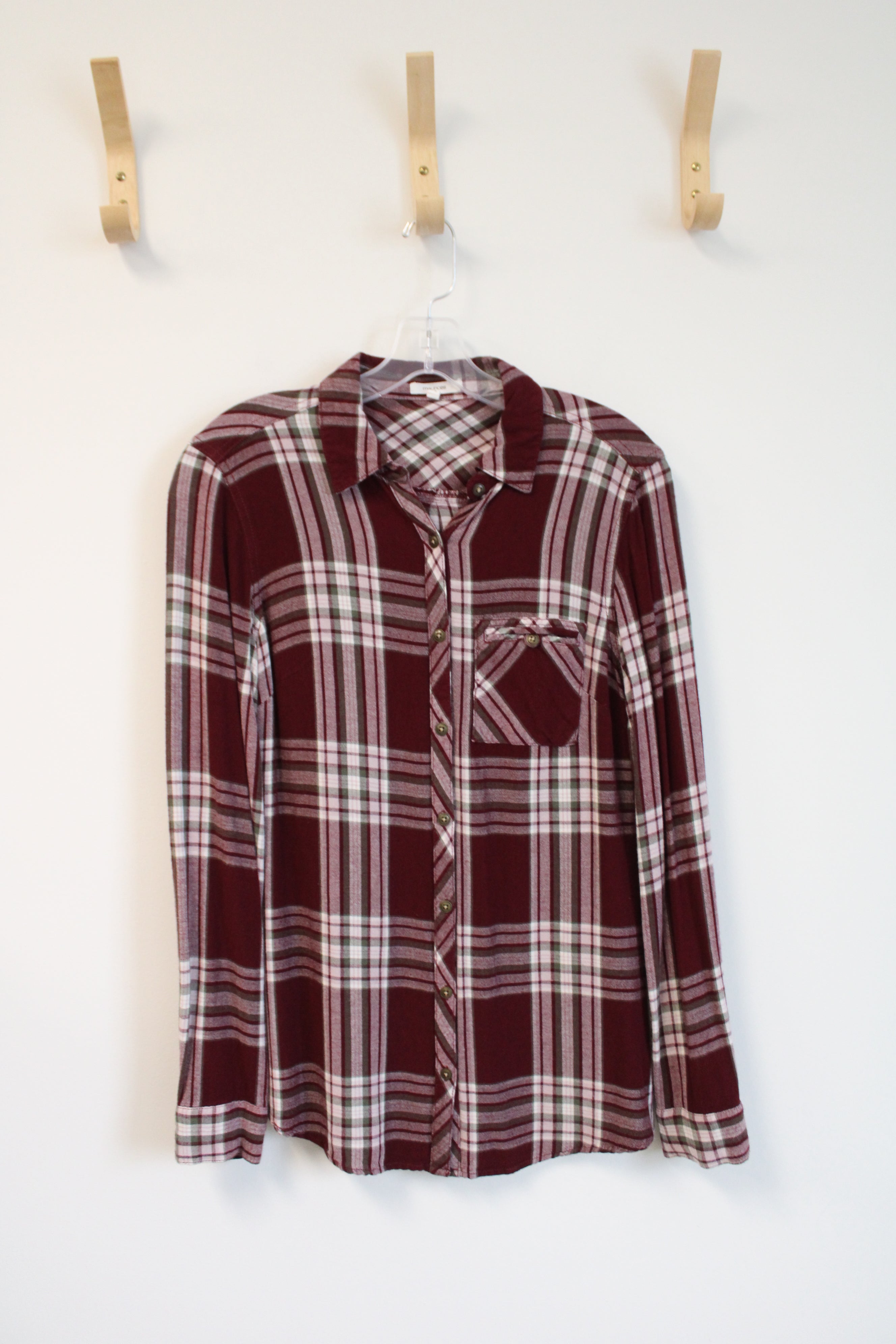 Maurices Maroon White & Green Plaid Button Down Shirt | XS