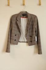 NEW 1. State Tan Black and Red Plaid Cropped Blazer with Front Buttons | 2