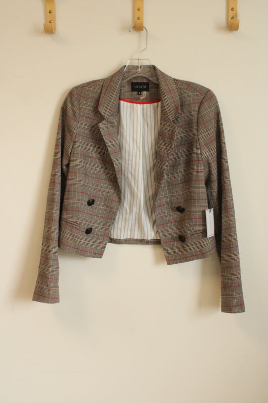 NEW 1. State Tan Black and Red Plaid Cropped Blazer with Front Buttons | 2