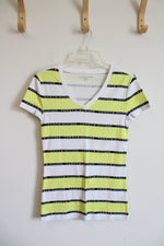 Tommy Hilfiger Neon Yellow & White Striped V-Neck Shirt | S