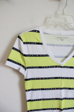 Tommy Hilfiger Neon Yellow & White Striped V-Neck Shirt | S