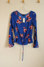 NEW Express Blue Floral Silky Top with Button Down Front Ruffle Sleeves and Tie | XS