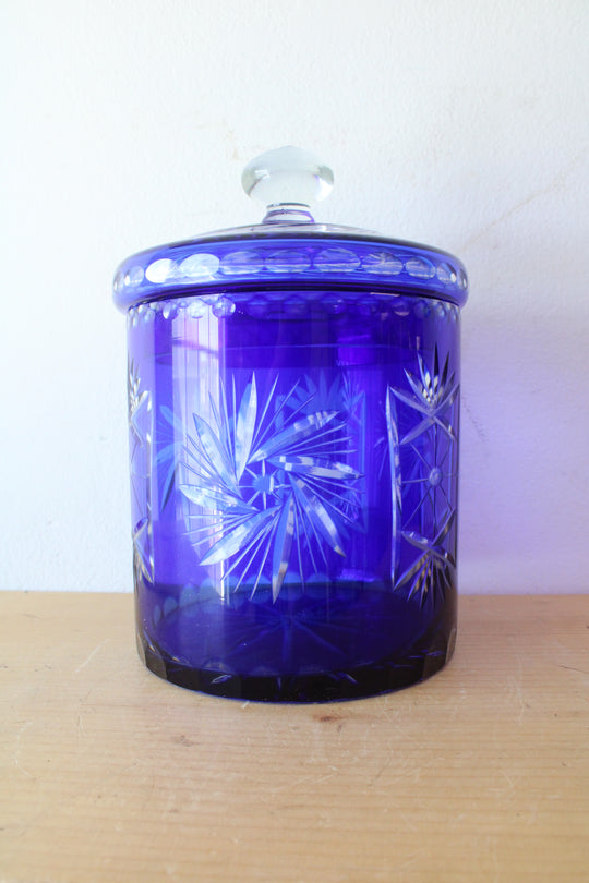 Bohemian Cobalt Blue Cut Glass Lidded Biscuit Jar