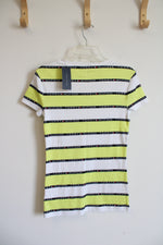 Tommy Hilfiger Neon Yellow & White Striped V-Neck Shirt | S