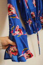 NEW Express Blue Floral Silky Top with Button Down Front Ruffle Sleeves and Tie | XS