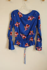 NEW Express Blue Floral Silky Top with Button Down Front Ruffle Sleeves and Tie | XS