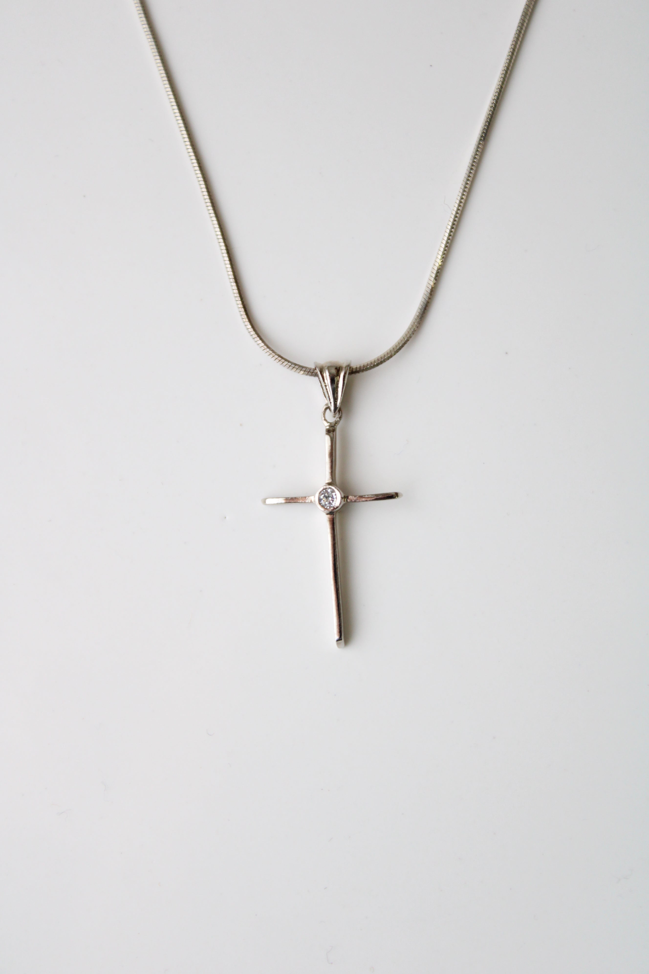 Clear Stone Center Cross Silver Necklace