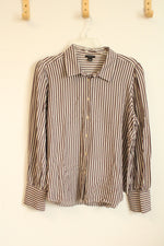 Ann Taylor Tan and Burgundy Striped Textured Button-down Shirt | L