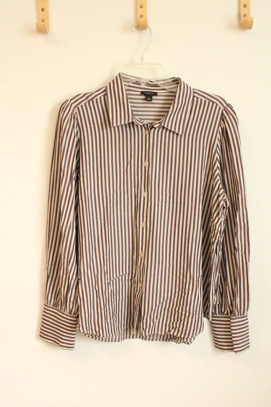 Ann Taylor Tan and Burgundy Striped Textured Button-down Shirt | L