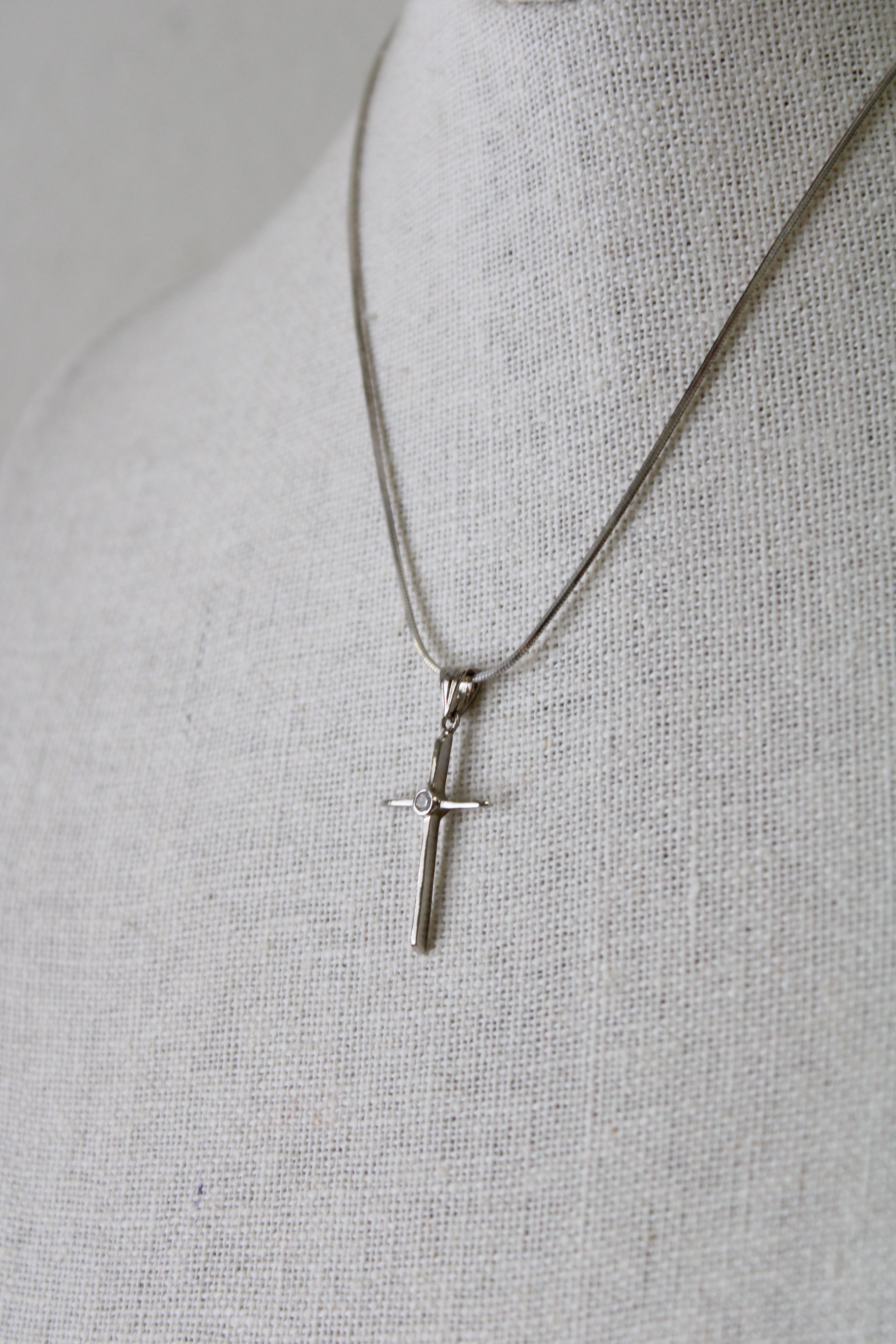 Clear Stone Center Cross Silver Necklace