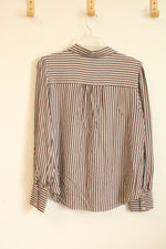 Ann Taylor Tan and Burgundy Striped Textured Button-down Shirt | L