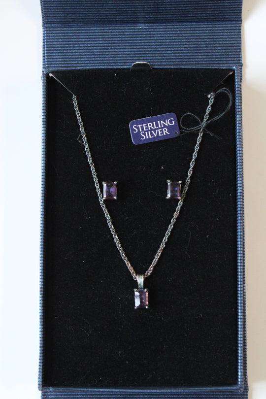 Amethyst Sterling Silver Square Cut Necklace & Stud Set