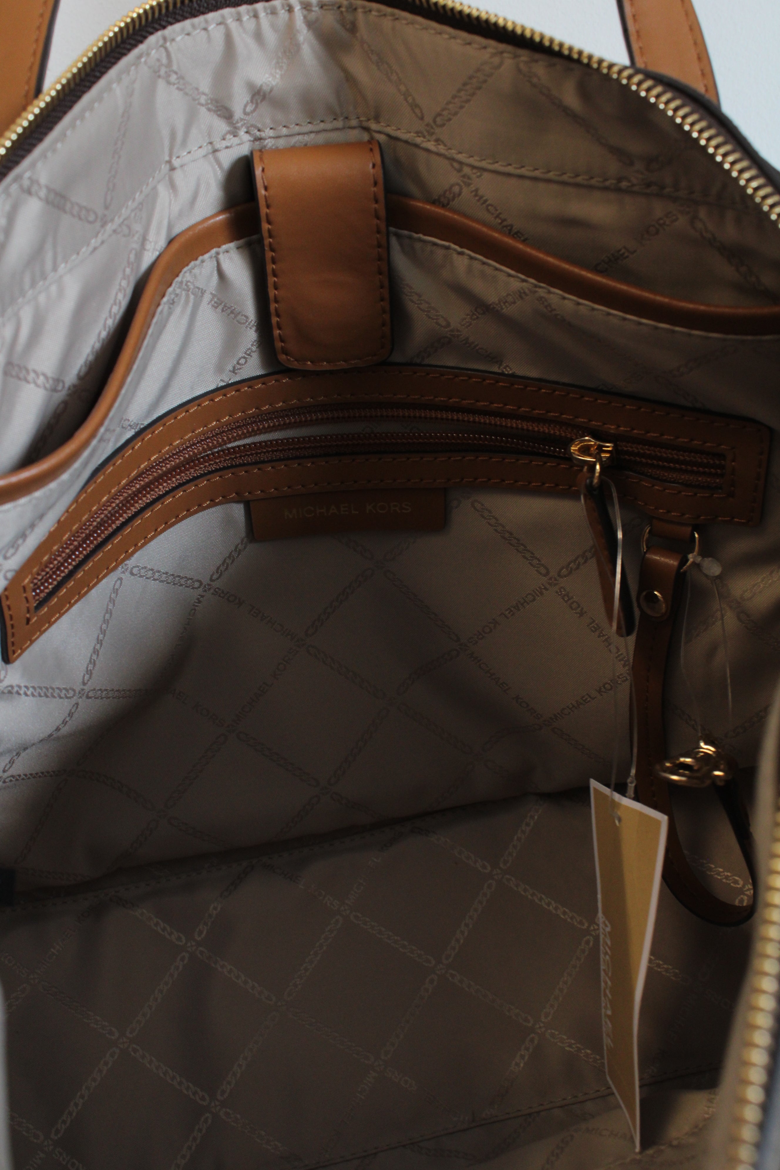NEW MICHAEL Michael Kors Maddie Brown/Acorn Zip Top Tote Purse