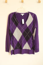 NEW New York and company Purple Argyle Diamond Printed LS Sweater with Rhinestones | M