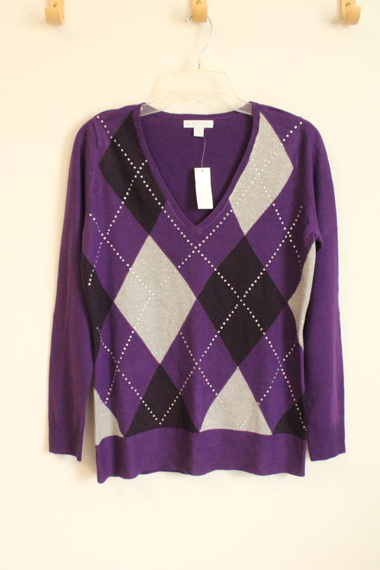 NEW New York and company Purple Argyle Diamond Printed LS Sweater with Rhinestones | M