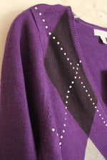NEW New York and company Purple Argyle Diamond Printed LS Sweater with Rhinestones | M