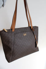 NEW MICHAEL Michael Kors Maddie Brown/Acorn Zip Top Tote Purse