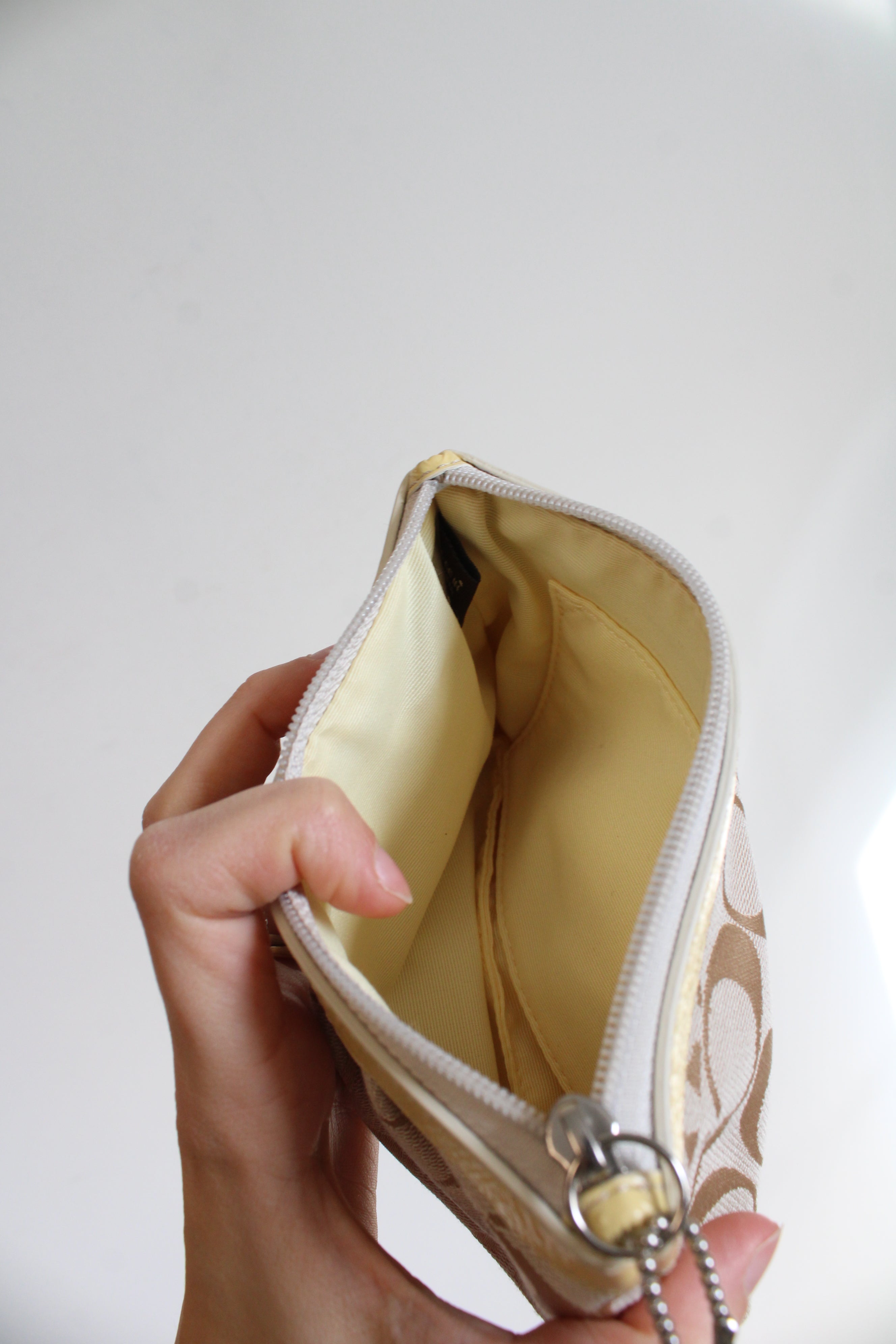 Coach Signature Canvas Wristlet Zip Pouch Patent Leather Butter Yellow Wallet