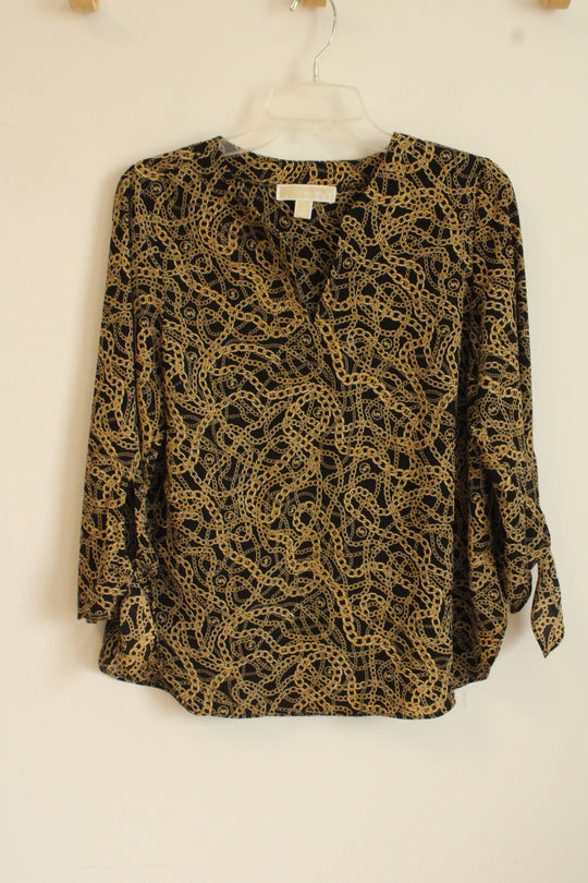 Michael Kors Black with Gold Chain Blouse with Tie Sleeves | M