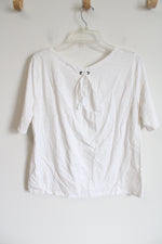 White Ribbon Edged Cotton Blend Tee | M