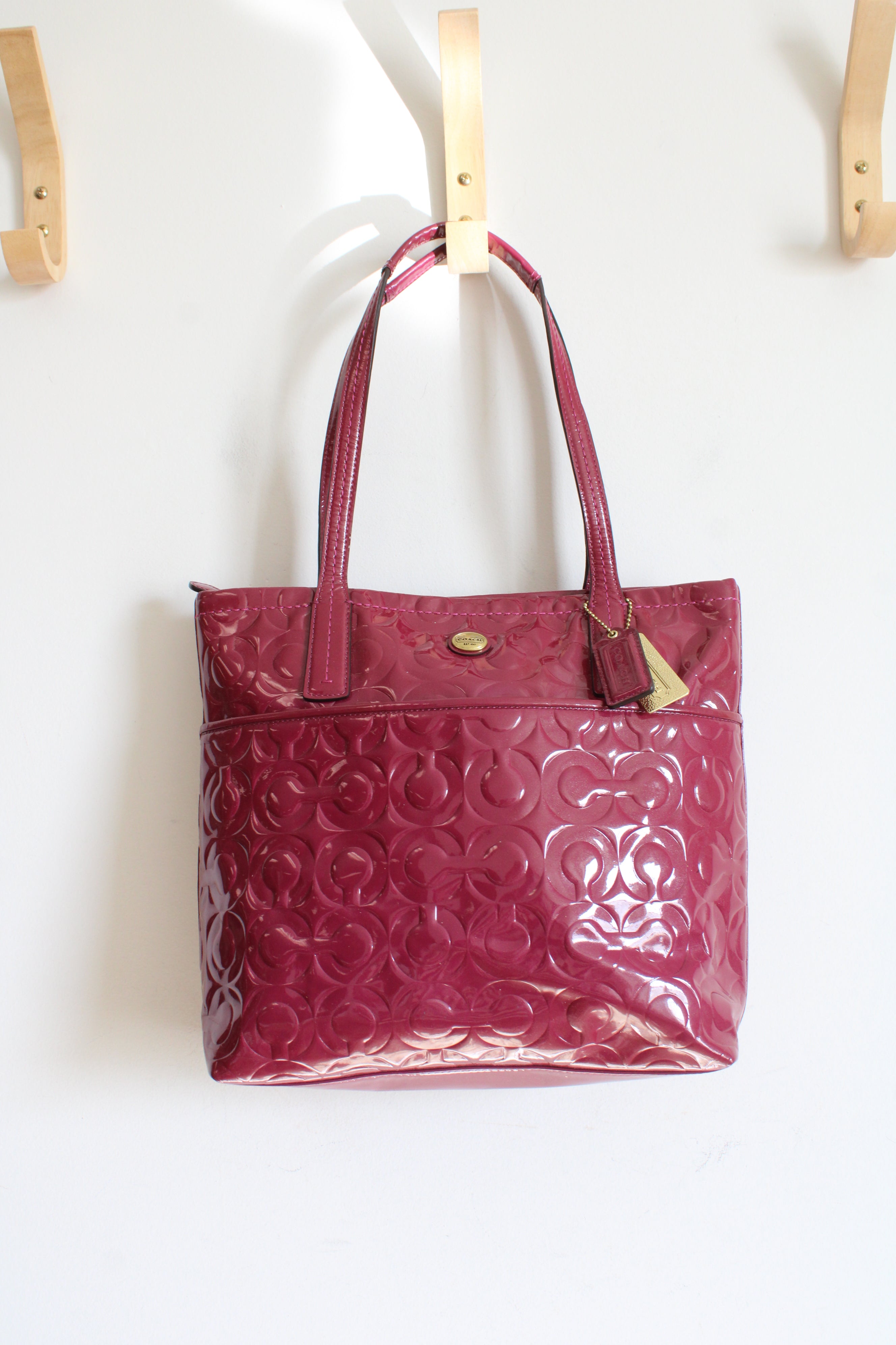 Coach Peyton Patent Leather Logo Embossed Medium Berry Pink Shoulder Bag