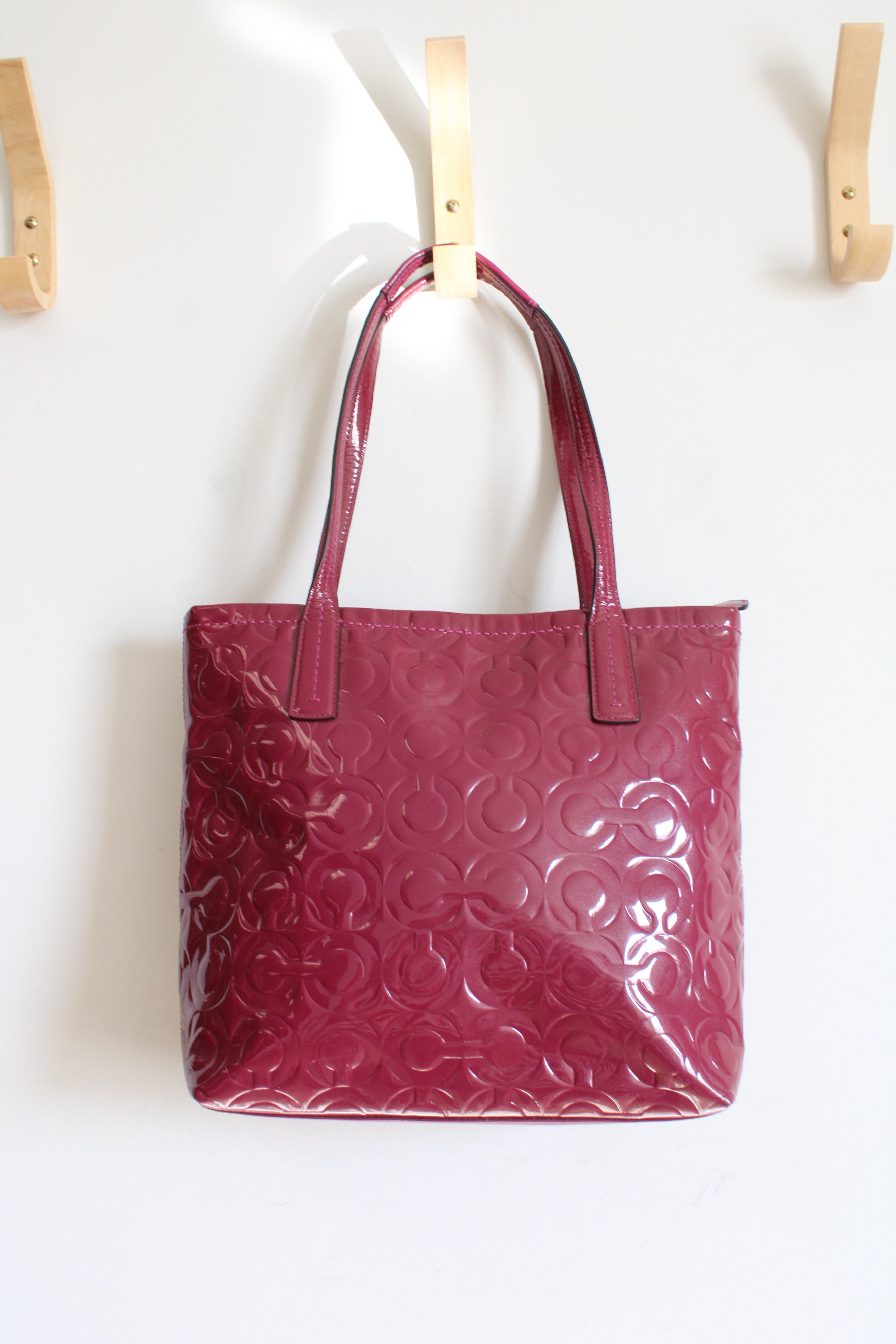 Coach Peyton Patent Leather Logo Embossed Medium Berry Pink Shoulder Bag