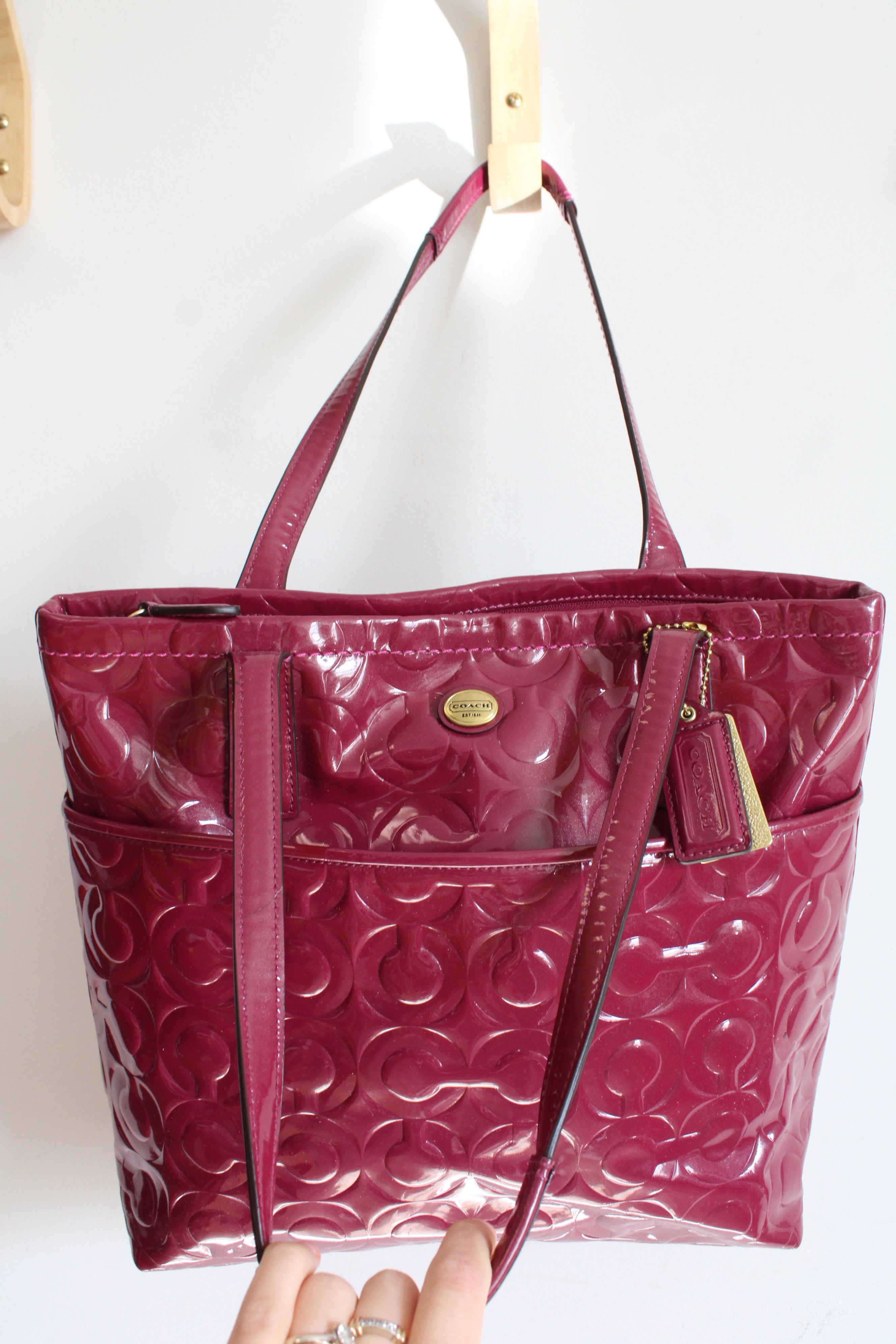 Coach Peyton Patent Leather Logo Embossed Medium Berry Pink Shoulder Bag