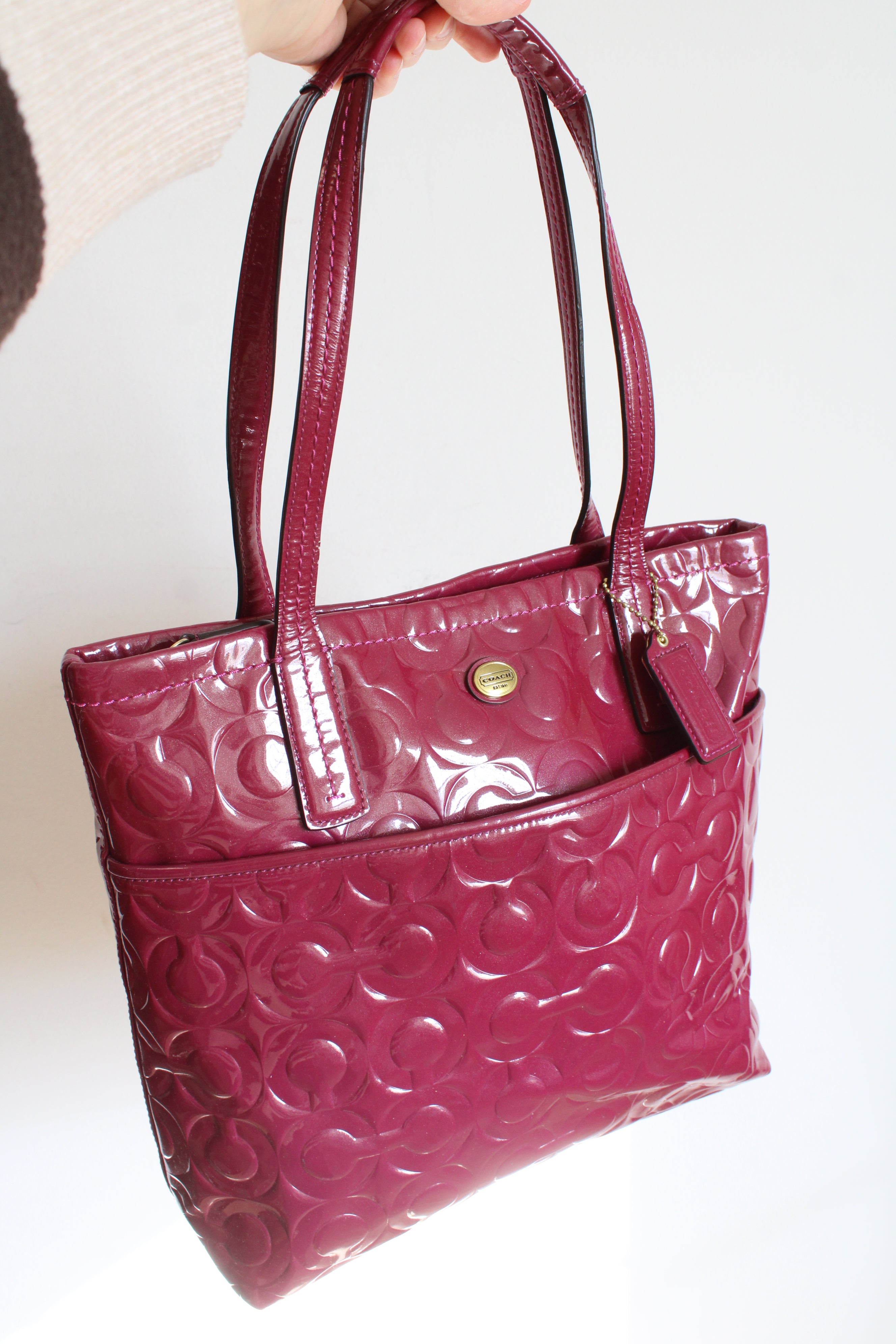 Coach Peyton Patent Leather Logo Embossed Medium Berry Pink Shoulder Bag