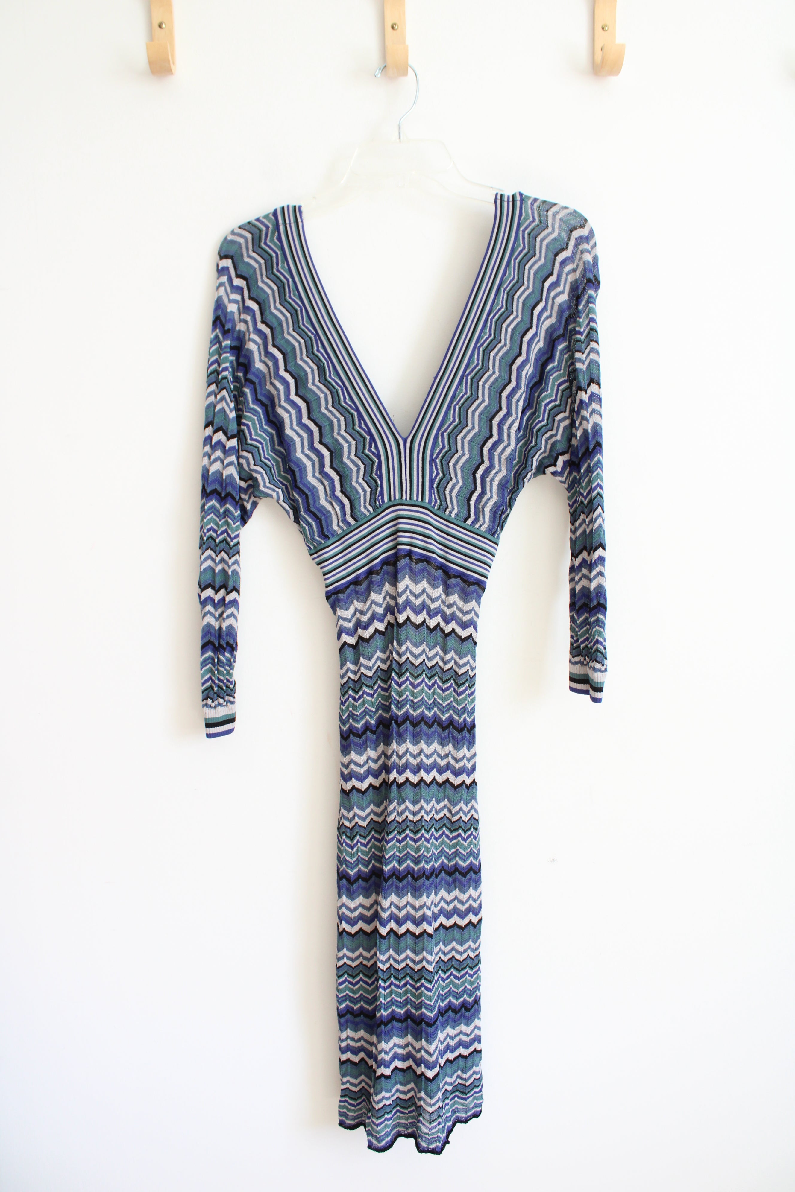 Guess By Marciano Blue Gray & Black Chevron Knit Fitted Long Sleeved Dress