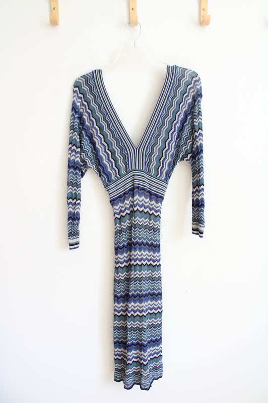 Guess By Marciano Blue Gray & Black Chevron Knit Fitted Long Sleeved Dress | S