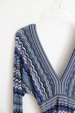Guess By Marciano Blue Gray & Black Chevron Knit Fitted Long Sleeved Dress | S