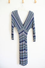 Guess By Marciano Blue Gray & Black Chevron Knit Fitted Long Sleeved Dress | S