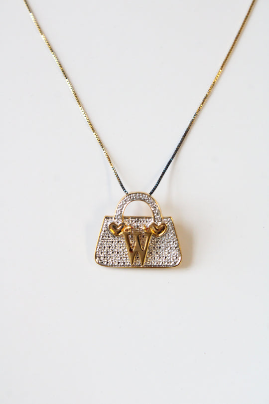 "W" Initial Purse Sterling Silver Gold Tone Necklace