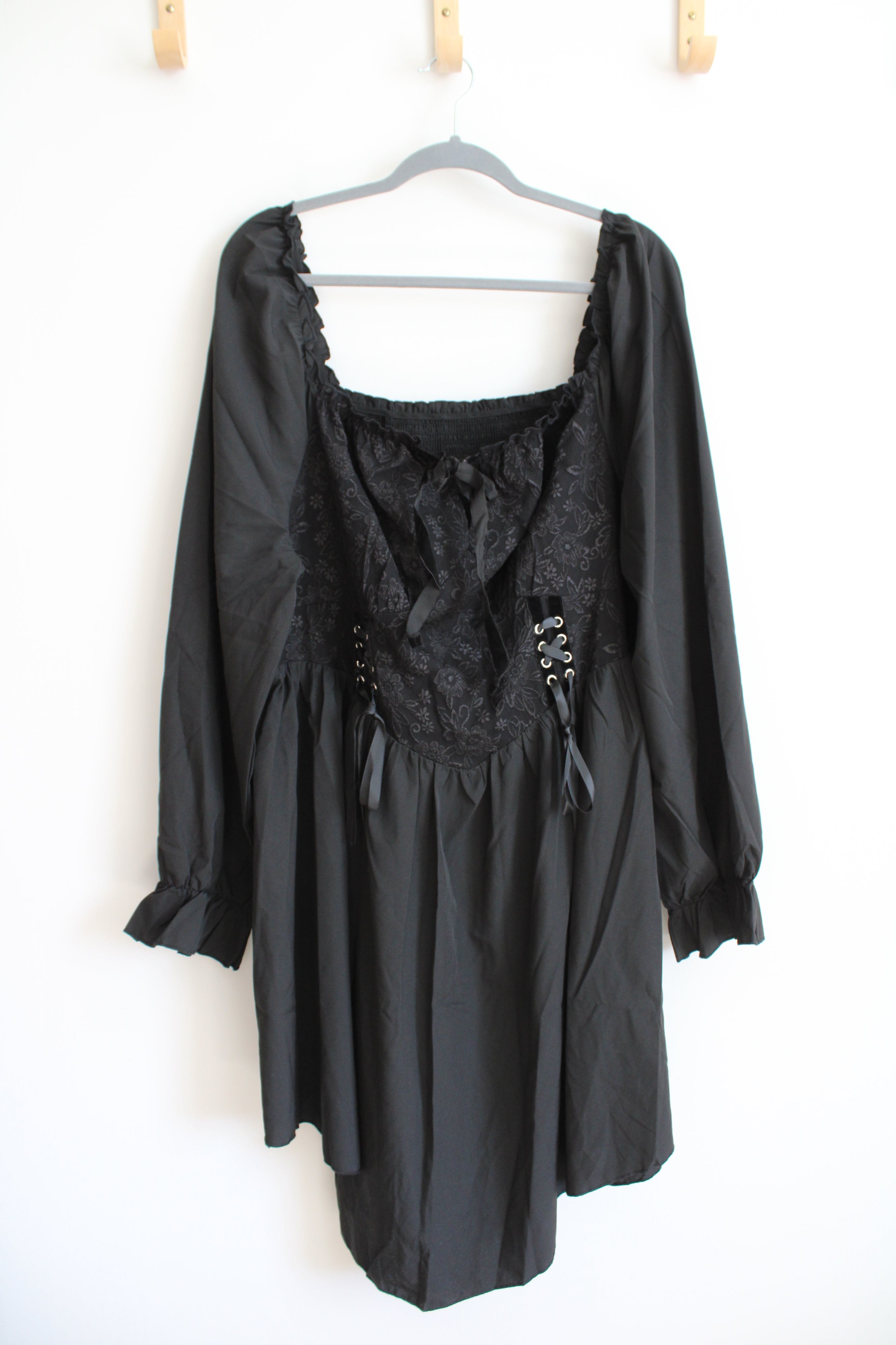 Shein Curve Black Lace Corset Tied Waist Long Sleeved Dress