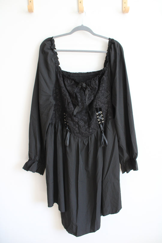 Shein Curve Black Lace Corset Tied Waist Long Sleeved Dress | 4XL